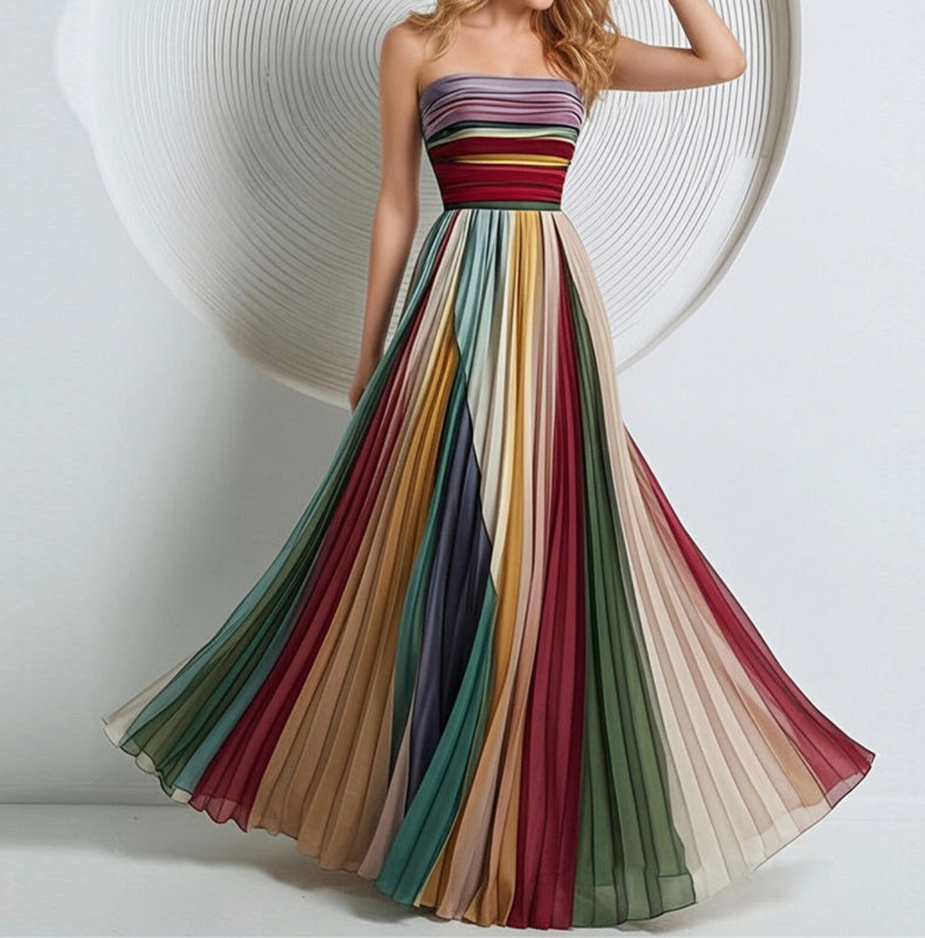 Elegant Waist-Pleated Printed Maxi Dress – Feminine & Sophisticated
