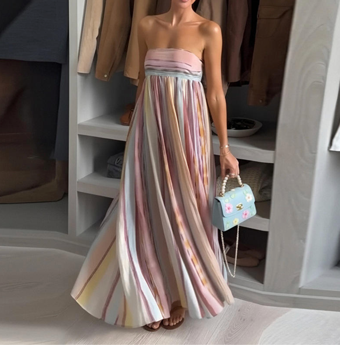 Elegant Waist-Pleated Printed Maxi Dress – Feminine & Sophisticated