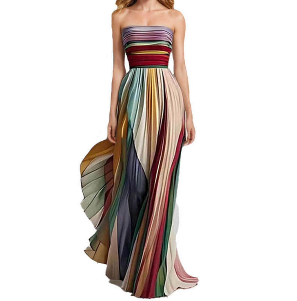 Elegant Waist-Pleated Printed Maxi Dress – Feminine & Sophisticated