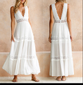 Elegant White Lace-Trim Tiered Maxi Dress – Romantic & Effortlessly Chic