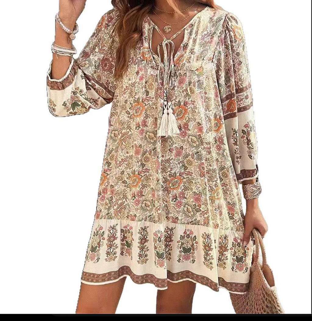 Bohemian V-Neck Floral Mini Dress – Feminine, Flirty & Effortlessly Chic