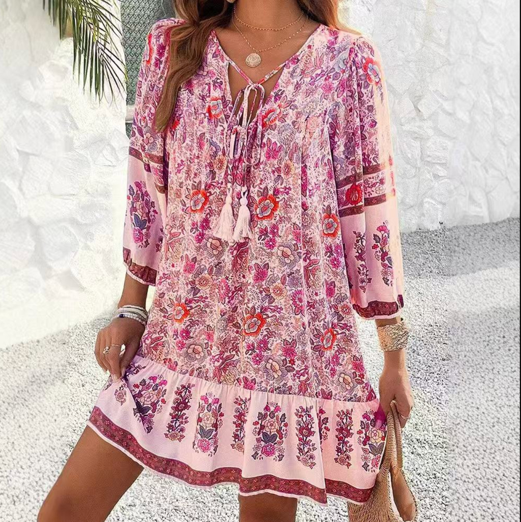 Bohemian V-Neck Floral Mini Dress – Feminine, Flirty & Effortlessly Chic