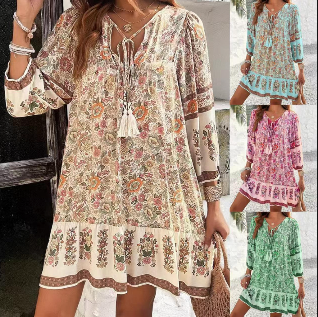 Bohemian V-Neck Floral Mini Dress – Feminine, Flirty & Effortlessly Chic