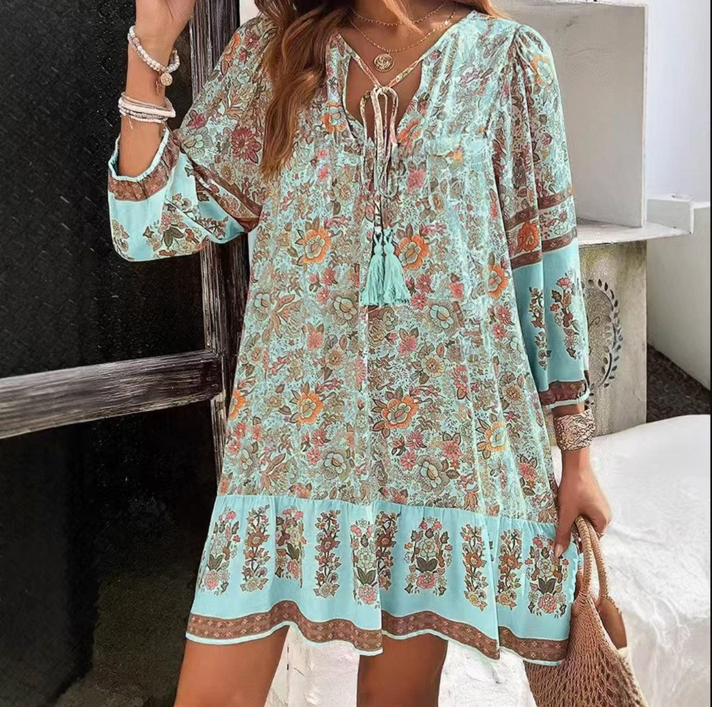 Bohemian V-Neck Floral Mini Dress – Feminine, Flirty & Effortlessly Chic