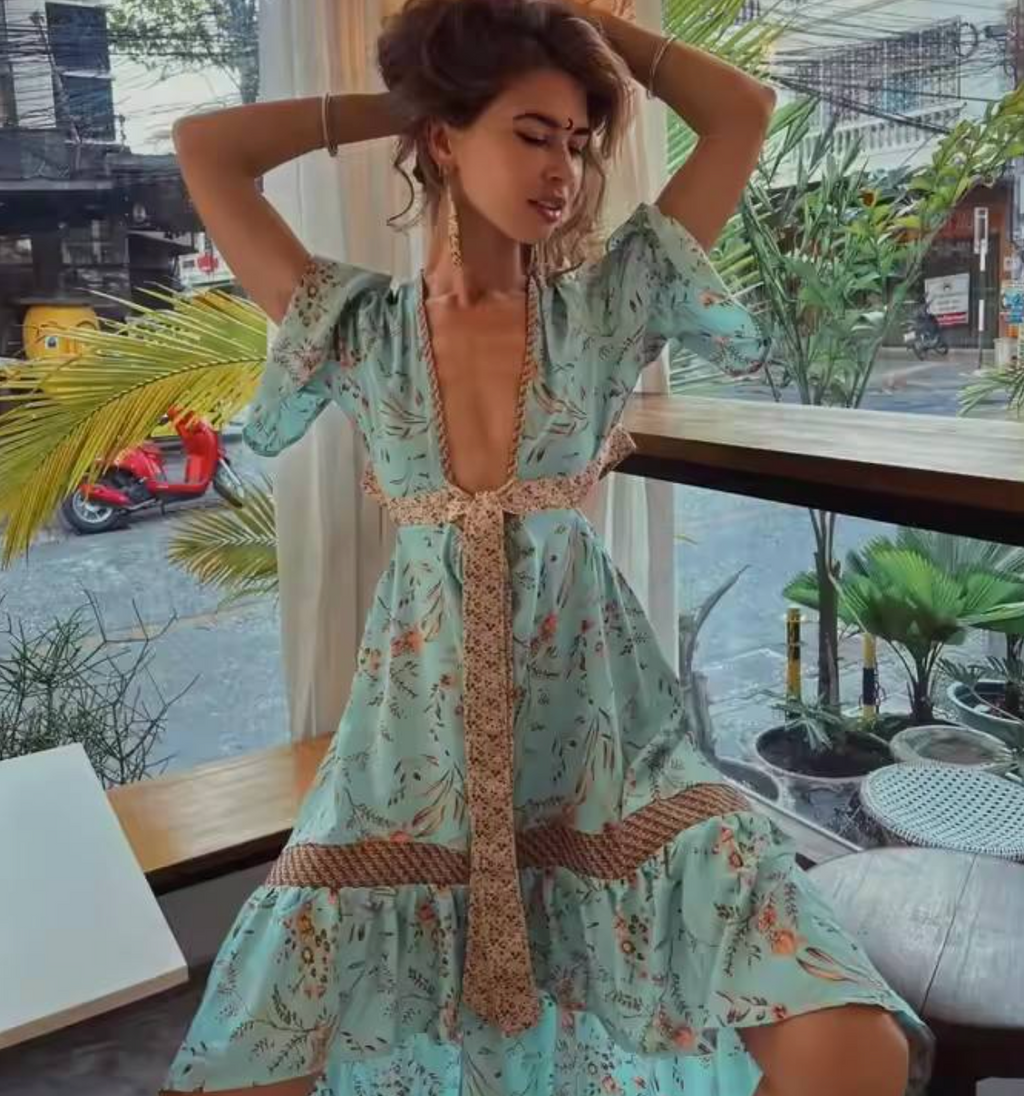 Bohemian Short-Sleeve Rayon Dress – Relaxed, Feminine & Effortlessly Stylish